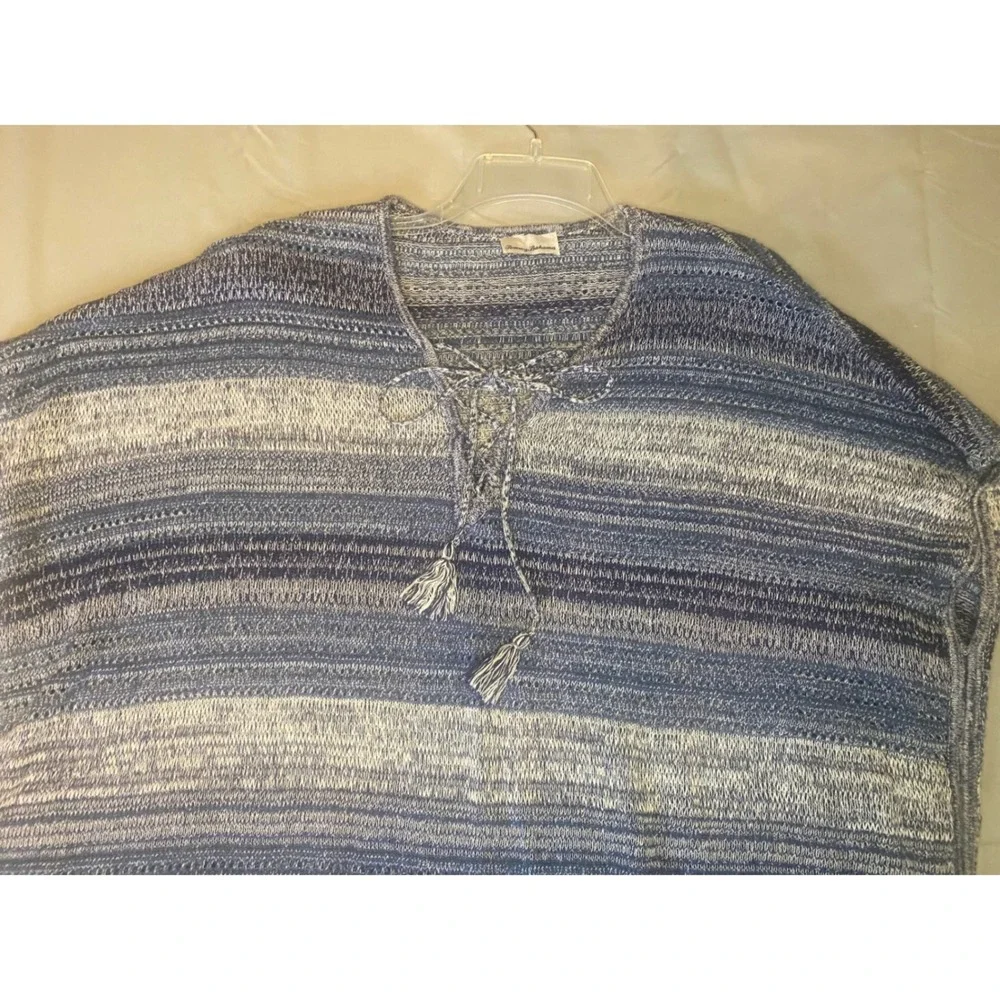 Tommy Bahama Poncho Womens One Size Blue Striped Fringe Knit Beach Cover Up Boho